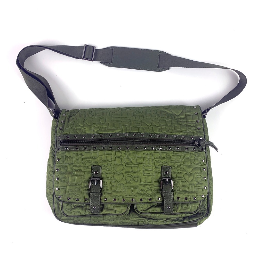 R & Em Green Quilted Messenger Bag Studded Trim School Computer Sling SEE/READ